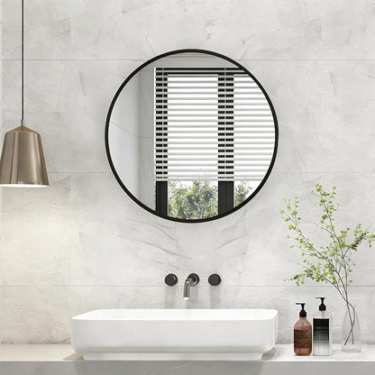 NEWBULIG 24 Inch Round Wall Mirror, Bathroom Mirrors for Over Sink | Metal Framed Circle Vanity Mirror, Wall Decor for Bedroom, Entryway, Anti-Rust, Tempered Glass, Hanging or Leaning, Black