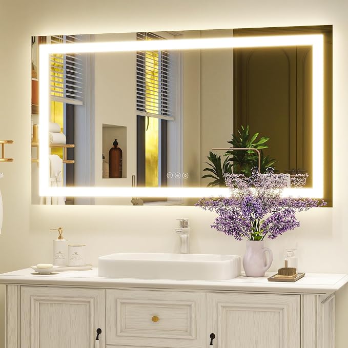 XRAMFY 36"X48"LED Bathroom Mirror, Backlit + Front Lit Wall Mirror | LED Bathroom Mirror with Lights for Wall, 3 Colors, Anti-Fog, Dimmable Brightness, Tempered Glass
