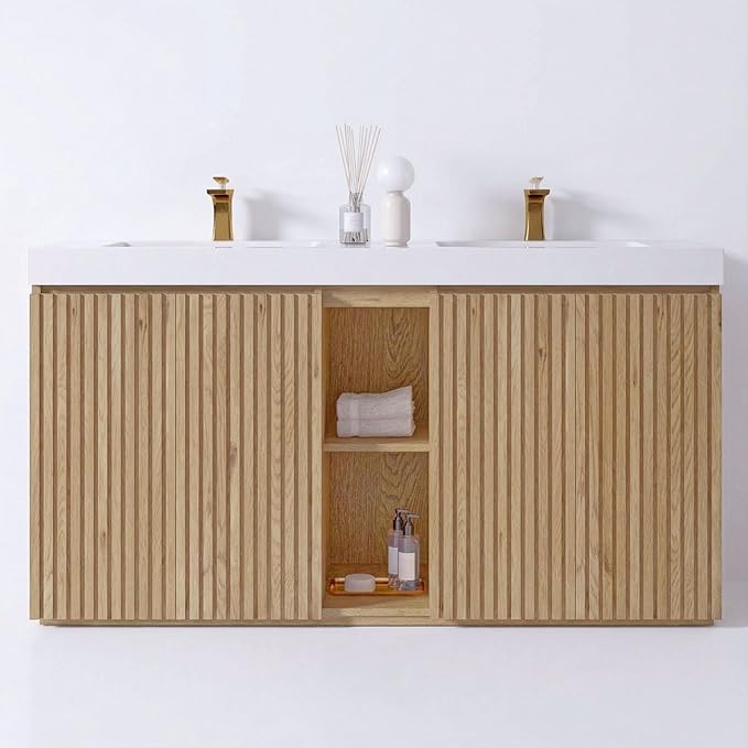60" Double Bathroom Vanity with Sink Combo, Mid Century Modern Bathroom Cabinet with Doors & Shelves, Glossy White Integrated Sink with Overflow, Light Oak
