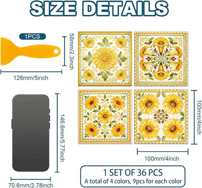 36pcs 4 Styles Yellow Floral Patterns Wall Tile Stickers, 4x4inch | Vintage Flowers Designs Waterproof PVC Tile Decals for Kitchen Bathroom