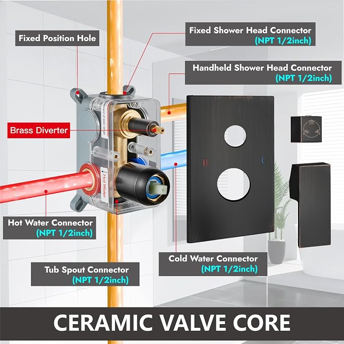 Midanya Shower System with Tub Spout,8 Inch Shower Head,Oil Rubbed Bronze | with Valve & Trim Kit,Square Rain Head,Handheld Sprayer,Waterfall Spout,All Metal Wall Mount Bathroom Shower Tub Faucet Set