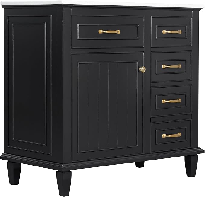 36" Bathroom Vanity with Ceramic Sink Top, Soft-Close Door & Flip Drawers, Freestanding Storage Cabinet W/Adjustable Shelf, Solid Wood Frame for Bathrooms, Powder Room, Guest Bath,Black