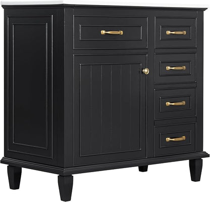 36" Bathroom Vanity with Ceramic Sink Top, Soft-Close Door & Flip Drawers, Freestanding Storage Cabinet W/Adjustable Shelf, Solid Wood Frame for Bathrooms, Powder Room, Guest Bath,Black