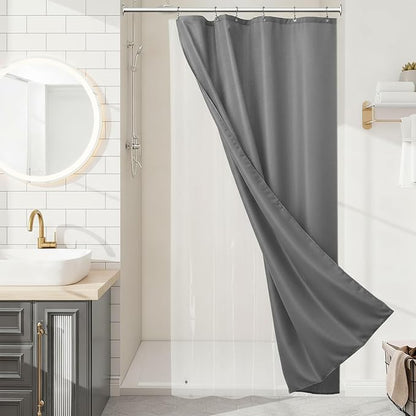 3 in 1 Half Size Shower Curtain Set, 36x72 Grey Shower Curtain and Liner with 6 Double Sided Shower Curtain Hooks, Cloth Shower Curtains for Bathroom
