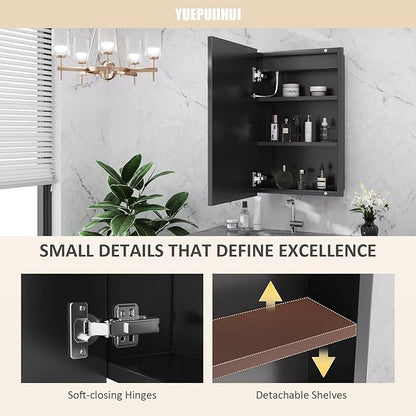 16X24 Inch Bathroom Medicine Cabinet, Adjustable 3-Color Brightness Dimming LED Mirror Recessed, Black