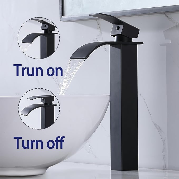 VAPSINT Vessel Sink Faucet, Matte Black Waterfall Tall Bathroom Faucet 1 Hole, Modern Single Handle Stainless Steel Bathroom Sink Faucet with Water Supply Lines & Pop Up Drain