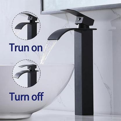 VAPSINT Vessel Sink Faucet, Matte Black Waterfall Tall Bathroom Faucet 1 Hole, Modern Single Handle Stainless Steel Bathroom Sink Faucet with Water Supply Lines & Pop Up Drain