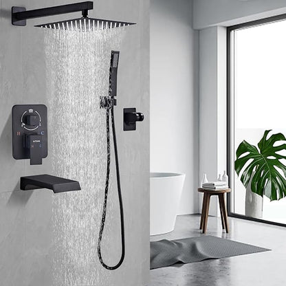 Shower Faucet Set Complete, Shower System Black with 10 inch Square Rainfall Shower Head 3-Function Handheld Shower Waterfall Bathtub Spout Rain Shower Combo Mounted Bathroom Wall fit All Valve Types