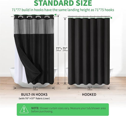 eachope No Hook Linen Texture Shower Curtain with Snap-in Liner,71x74 Black | 230GSM Thick Fabric,Hotel Luxury Decor,Mesh Top Window,Magnetic Weighted Hem,Waterproof & Machine Washable,for Bathroom