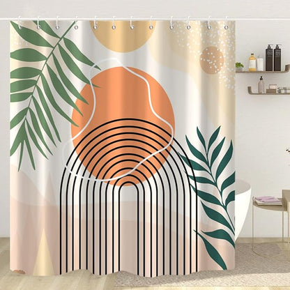 Mid Century Extra Long Shower Curtain, Abstract Boho Minimalistic Arch Sun Leaf Machine Washable Waterproof Fabric for Bathroom Bathtub with Hooks 72Wx84H