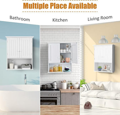 COSTWAY Wall Mounted Bathroom Cabinet, Over The Toilet Storage Cabinet w/Double Doors & Adjustable Shelf, Wood Hanging Medicine Cabinet for Living Room, Entryway, Kitchen (White) | Double Doors & Adjustable Shelf, Wood Hanging Medicine Cabinet for Livi...