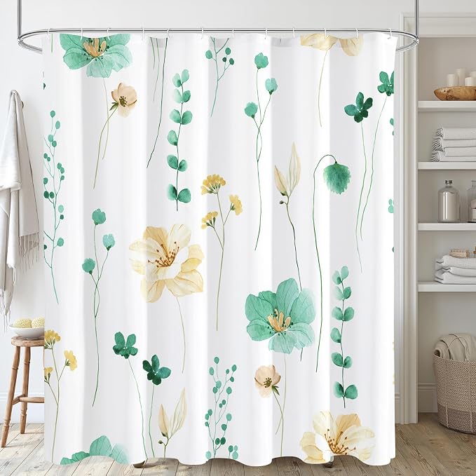 Mint Green Beige Watercolor Floral Fabric Shower Curtain, 72x72 | Waterproof Fabric, Modern Minimalist Floral Print, Machine Washable, Rustproof Grommets, for Bathroom