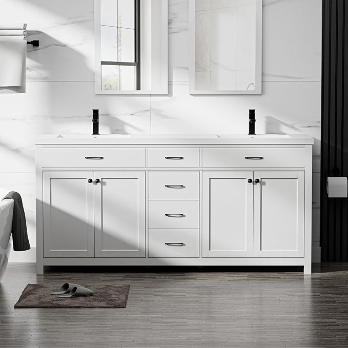 LUCKWIND 72" Bathroom Vanity and Sink Combo, Painted Modern Bathroom Storage Cabinet with Double Large Sink, Four Doors and Three Drawers, Include Faucet, Without Mirror, White