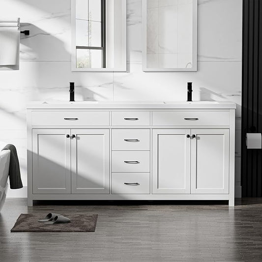 LUCKWIND 72" Bathroom Vanity and Sink Combo, Painted Modern Bathroom Storage Cabinet with Double Large Sink, Four Doors and Three Drawers, Include Faucet, Without Mirror, White