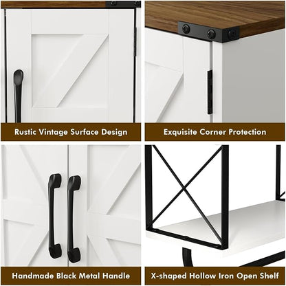 RUSTOWN Farmhouse Medicine Cabinet with 2 Barn Door, Bathroom Wall Cabinet | Dark Brown Top, Adjustable Shelf, Towel Bar, 3-Tier Rustic Wood Wall Mounted Cabinet for Bathroom, Living Room, Kitchen
