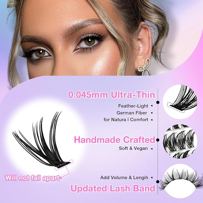 Lash Clusters Kit, DIY Cluster Eyelash Extensions 9‑16mm, 30D+40D, 280pcs, D Curl Natural Volume Lashes with Lash Bond and Seal, Tweezers–Waterproof Fake Cat Eye Wispy Individual Clusters(16MIX1-1-S)