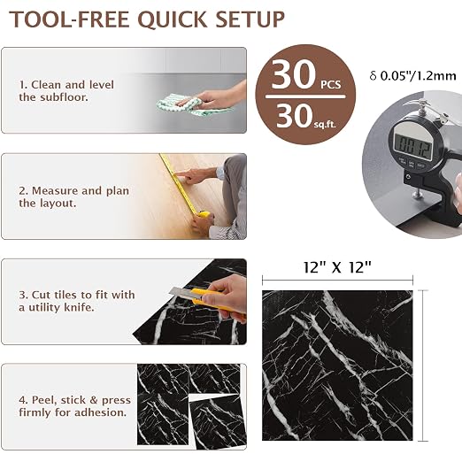 Peel and Stick Floor Tile, 30 PCS 12" x 12" Waterproof Marble Texture Luxury Vinyl Tiles, Easy DIY Self Adhesive Vinyl Flooring for Bathroom, Kitchen, Living Room, Black Marble