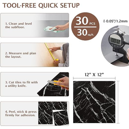 Peel and Stick Floor Tile, 30 PCS 12" x 12" Waterproof Marble Texture Luxury Vinyl Tiles, Easy DIY Self Adhesive Vinyl Flooring for Bathroom, Kitchen, Living Room, Black Marble