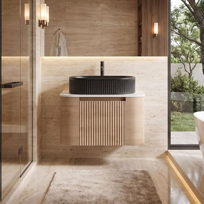 24" Preassembled Floating Bathroom Vanity with Black Sink, Oak | Mid-Century Modern Style, Fluted & Soft-Close Drawer with U-shaped Wall, Sinterted Stone Countertop, Towel Rack Included