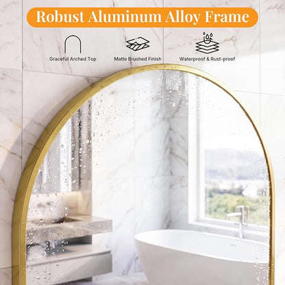 Sweetcrispy 30"x40" Arched Bathroom Mirror, Bathroom Mirrors for Over Sink | Modern Wall Mirrors Arch Decorative for Entryway, Bedroom, Vanity,Horizontal or Vertical Hanging, Gold