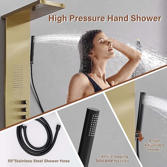 Shower Tower Bathroom Shower Panel System with Rainfall Shower Head Hand Shower and Large Area Body Spray, Stainless Steel Multi-Function Shower Fixtures, Brushed Gold