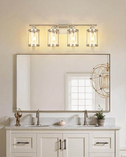 4-Light Brushed Nickel Bathroom Light Fixtures, 29 Inch Modern Bathroom Vanity Lighting Fixtures Over Mirror with Clear Glass and Metal Cage Wall Sconce Lights for Bath, E26, OS-3014BN-4W