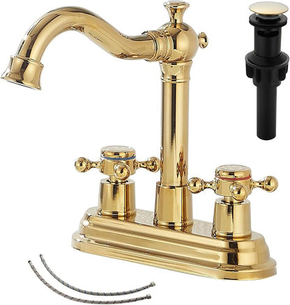 Bathroom Faucet Polished Gold GGStudy 2 Handles 4 Inches Centerset Bathroom Vanity with Drain Assembly and Supply Hose Lavatory Faucet Mixer Double Handle Tap