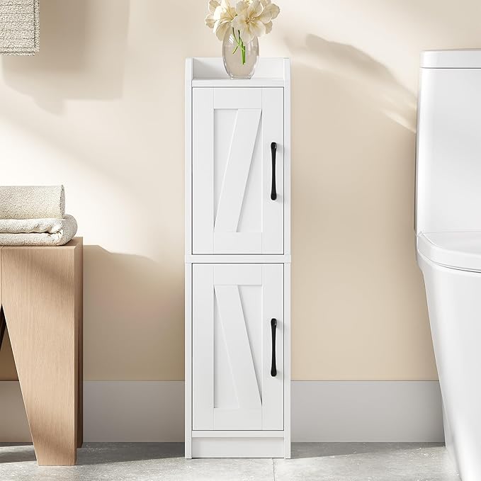 Bathroom Storage Cabinet, Small Corner Floor Cabinet with Door and Shelves, Narrow Bathroom Organizer and Paper Storage with Adjustable Shelves, for Small Spaces, White BC27013X