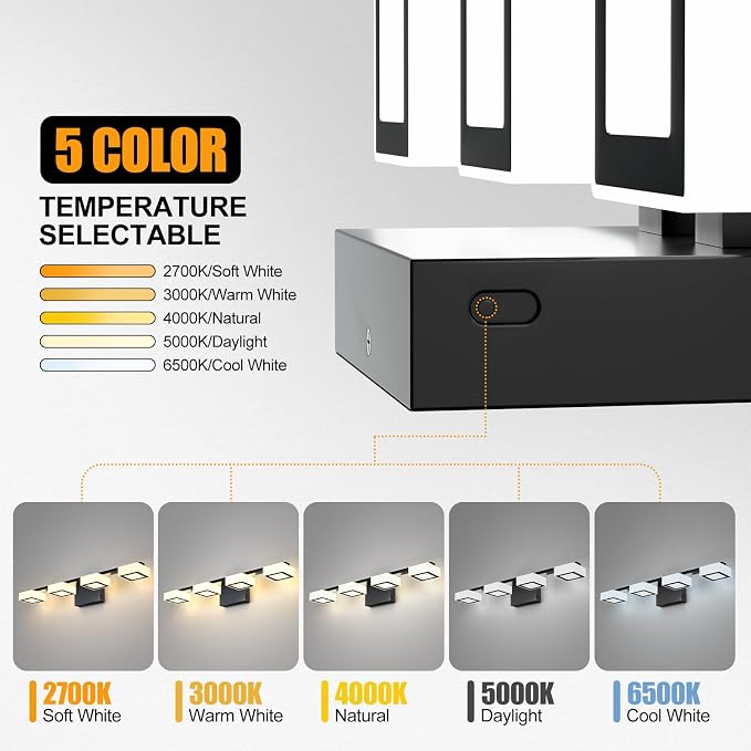 LED Modern Bathroom Light Fixtures, 4-Light Dimmable Vanity Lights with 5 Color Modes, Matte Black Acrylic Bathroom Wall Lighting Fixtures Over Mirror, 2700K- 6500K Adjustable, 25.5 Inch, ETL Listed