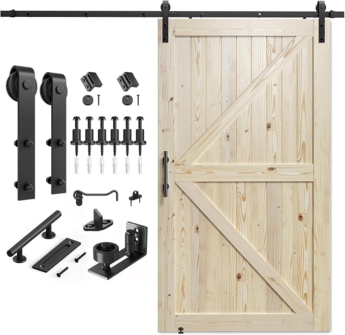 SMARTSTANDARD 48in x 96in Sliding Barn Door with 8ft Hardware Kit Included | Fit Opening up to 44in x 94in, Unfinished Solid Spruce Wood Door, Assembly Required, DIY, Stainable, Natural