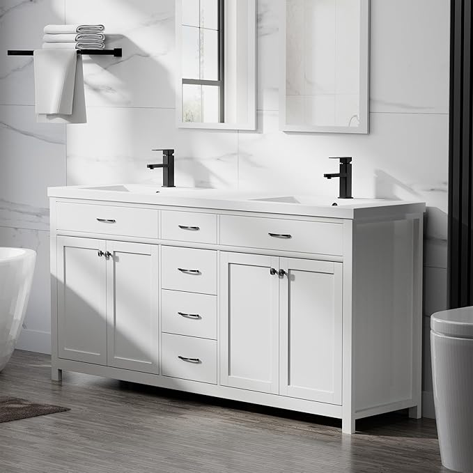 LUCKWIND 72" Bathroom Vanity and Sink Combo, Painted Modern Bathroom Storage Cabinet with Double Large Sink, Four Doors and Three Drawers, Include Faucet, Without Mirror, White