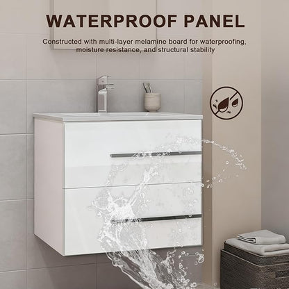 24 inch Floating Bathroom Vanity with Sink, Space Saving Fluted Design for Small Bathrooms, Drawers & Black Handles White
