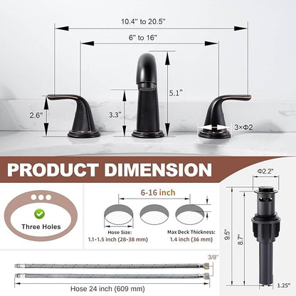 Aleasha Bathroom Sink Faucet 3 Holes Oil Rubbed Bronze, Widespread Bathroom Faucet, Washroom Faucets with Pop Up Drain, Washroom Sink Faucets with 304 Stainless Steel Lead-Free Hose