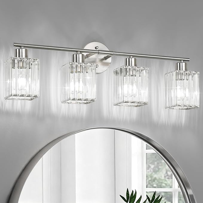 4 Light Bathroom Light Fixtures, Modern Crystal Vanity Lights over Mirror | Metal Frame, Bathroom Light with Square Crystal Shade, ETL Certified, E26 Ceramic Socket, Bulbs Not Included