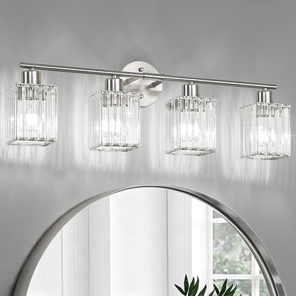 4 Light Bathroom Light Fixtures, Modern Crystal Vanity Lights over Mirror | Metal Frame, Bathroom Light with Square Crystal Shade, ETL Certified, E26 Ceramic Socket, Bulbs Not Included
