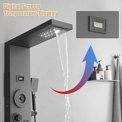 6 in 1 Shower Panel Tower System, Rainfall Shower Panels Set w/LED and Digital Display Stainless Steel Shower Tower with Waterfall Tub Spout 2-Type Massage Jets Handheld Head Matte Black