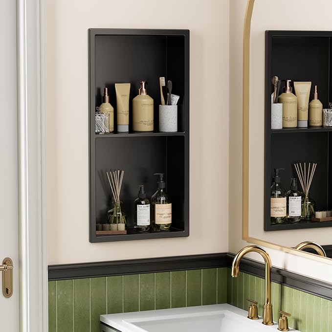 11x23 Inch Recessed Medicine Cabinet, Black Medicine Cabinet No Mirror, 304 Stainless Steel Bathroom Wall Niche Cabinet with 2-Tier for Bathroom, Living Room