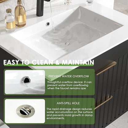 24" Bathroom Vanity with Sink, Floating Bathroom Vanity with 2 Fluted Drawers & Metal Handle, Wall Mounted Cabinets with Integrated Ceramic Sink for Apartment, Home, Black