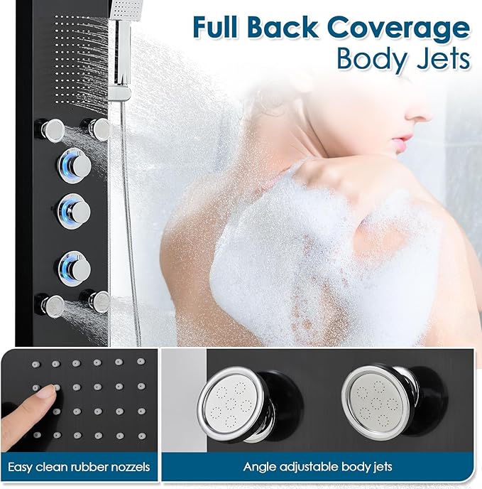 ROVOGO Led Shower Panel Tower System with Mist Rainfall Shower, Body Jets, Handheld and Tub Spout, Hydroelectric Led Lights and Temp Display No Battery Needed, Simultaneous Shower Column Black