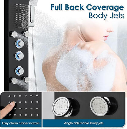 ROVOGO Led Shower Panel Tower System with Mist Rainfall Shower, Body Jets, Handheld and Tub Spout, Hydroelectric Led Lights and Temp Display No Battery Needed, Simultaneous Shower Column Black