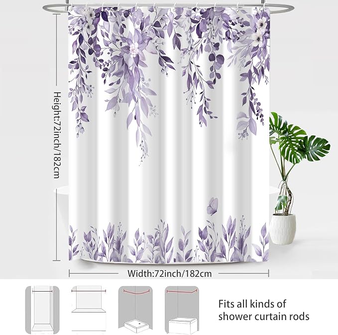 Light Purple Floral Eucalyptus Shower Curtain with Hooks, 72x72 Inch