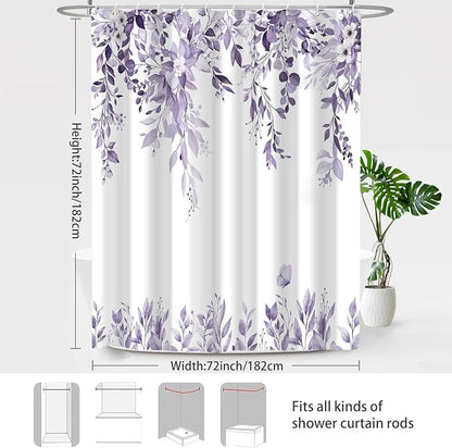Light Purple Floral Eucalyptus Shower Curtain with Hooks, 72x72 Inch