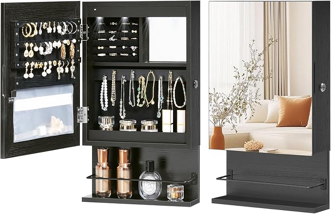 HOOBRO Wall Mounted Jewelry Cabinet, LED Jewelry Armoire with Interior Mirror, Hanging Jewelry Organizer for Wall, Lockable Jewelry Storage Cabinet, 3.9 x 11.8 x 20.9 Inches, Black