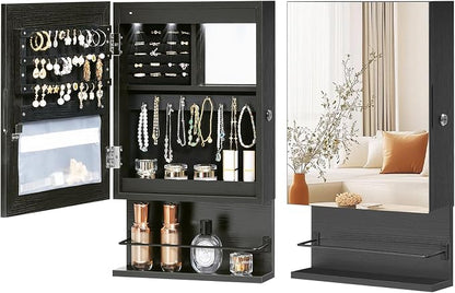 HOOBRO Wall Mounted Jewelry Cabinet, LED Jewelry Armoire with Interior Mirror, Hanging Jewelry Organizer for Wall, Lockable Jewelry Storage Cabinet, 3.9 x 11.8 x 20.9 Inches, Black