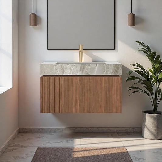 30" Bathroom Vanity with Sink, Wall-Mounted Plywood Bathroom Storage Cabinet with Ceramic Basin & Sintered Stone Countertop, Modern Pre-Assembled Floating Vanity with Drawer & Door, Brown Oak