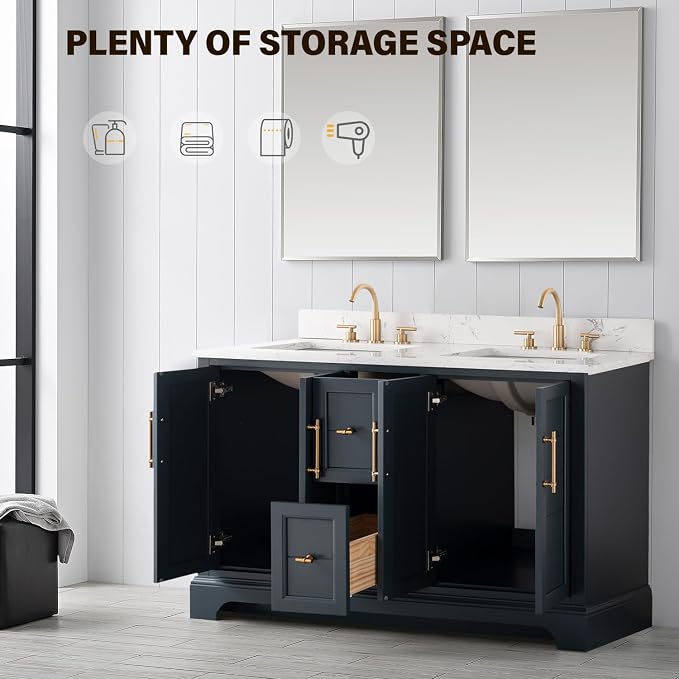 Vanity Art 54 Inch Bathroom Vanity with Double Sink, Vintage Green | Solid Wood, Ceramic Sink, Marble Top, Waterproof Backsplash, Pre-assembled, Soft-close Doors, Ample Storage, Freestanding