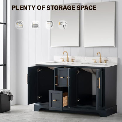 Vanity Art 54 Inch Bathroom Vanity with Double Sink, Vintage Green | Solid Wood, Ceramic Sink, Marble Top, Waterproof Backsplash, Pre-assembled, Soft-close Doors, Ample Storage, Freestanding