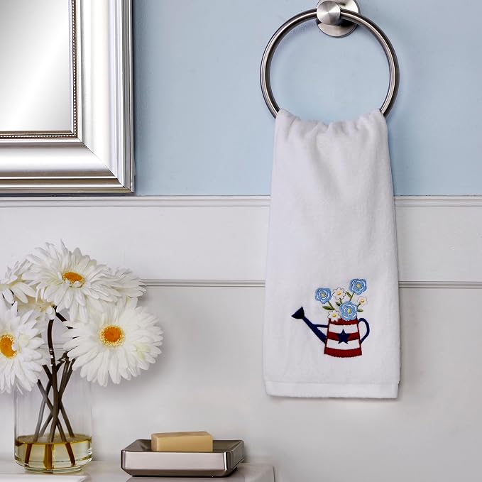 SKL Home Patriotic 4th of July Americana Water Can Hand Towel Set, White, Small, 2 Count | Decorative embroidery for Memorial Day, 4th of July, Labor Day & all patriotic holidays. For the bathroom, kitchen or bar.
