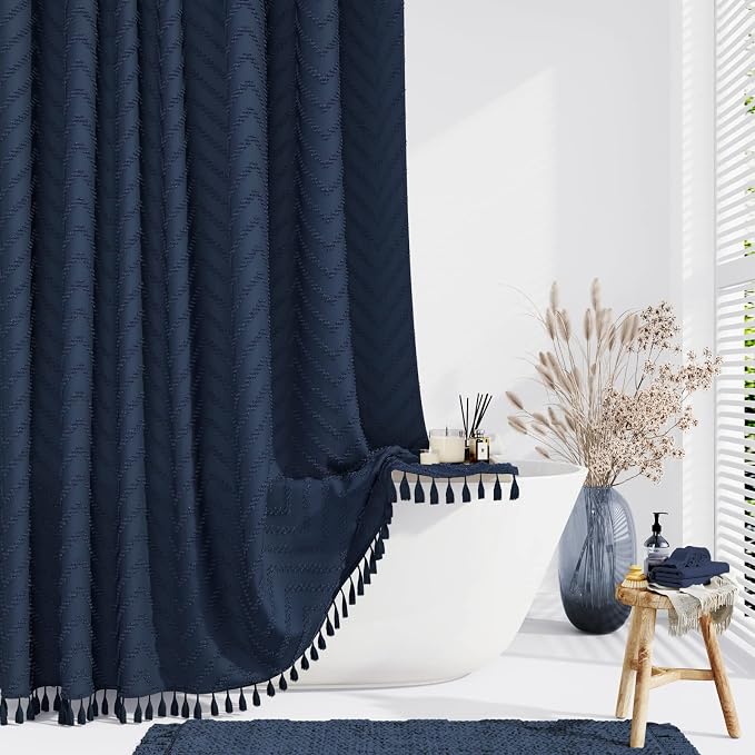 Boho Farmhouse Shower Curtain Tufted Chevron 72"x72" Navy Blue | Elegant Tassel, Soft Lightweight Textured Fabric, Water Repellent, Washable, Hotel Spa, for Bathroom/Dorm/Apartment 12 Hooks