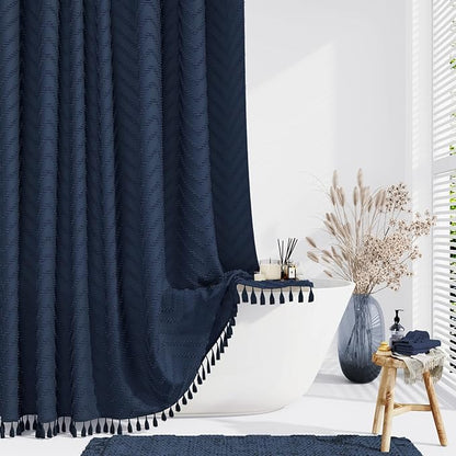 Long Boho Farmhouse Shower Curtain Tufted Chevron 72x78 Navy Blue | 78 Inch Tall, Elegant Tassel, Lightweight Textured Fabric, Water Repellent, Washable, Hotel Spa, for Bathroom/Dorm 12 Hooks